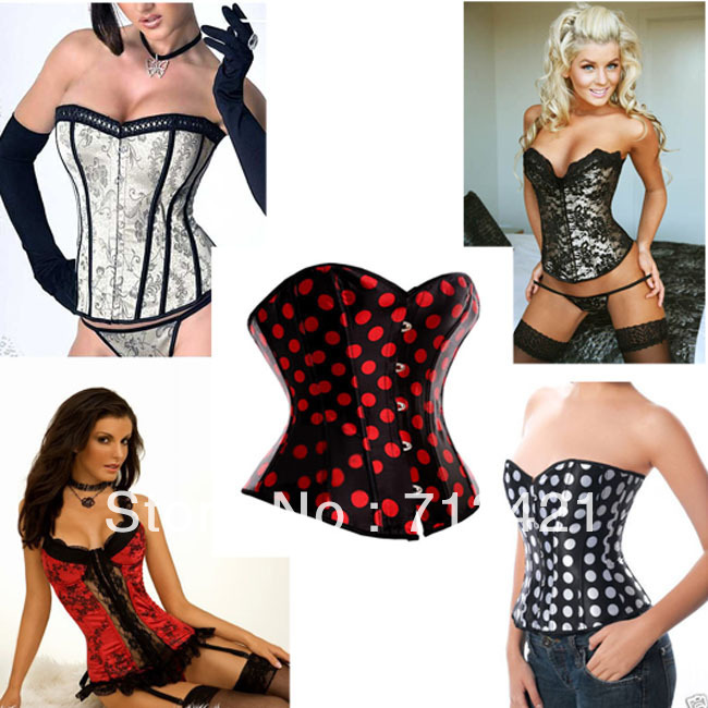 Free P&P Women Corsets,Wholesale Lace Up Boned Bodysuit+G String Set,Sexy Shaper for women,Push Up Bustier Printing Dots Corset