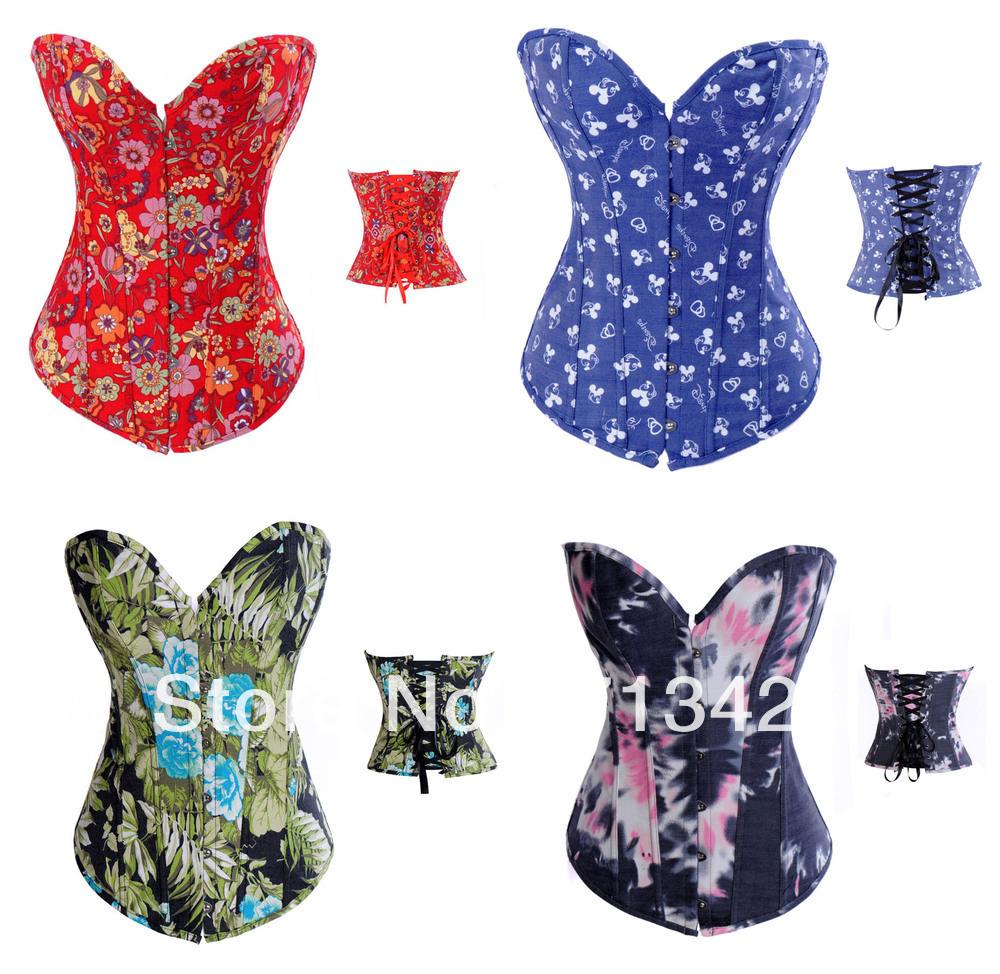 Free P&P Women Printing Corsets+G String Sets,Lace Up bodysuit , Push Up Bustier