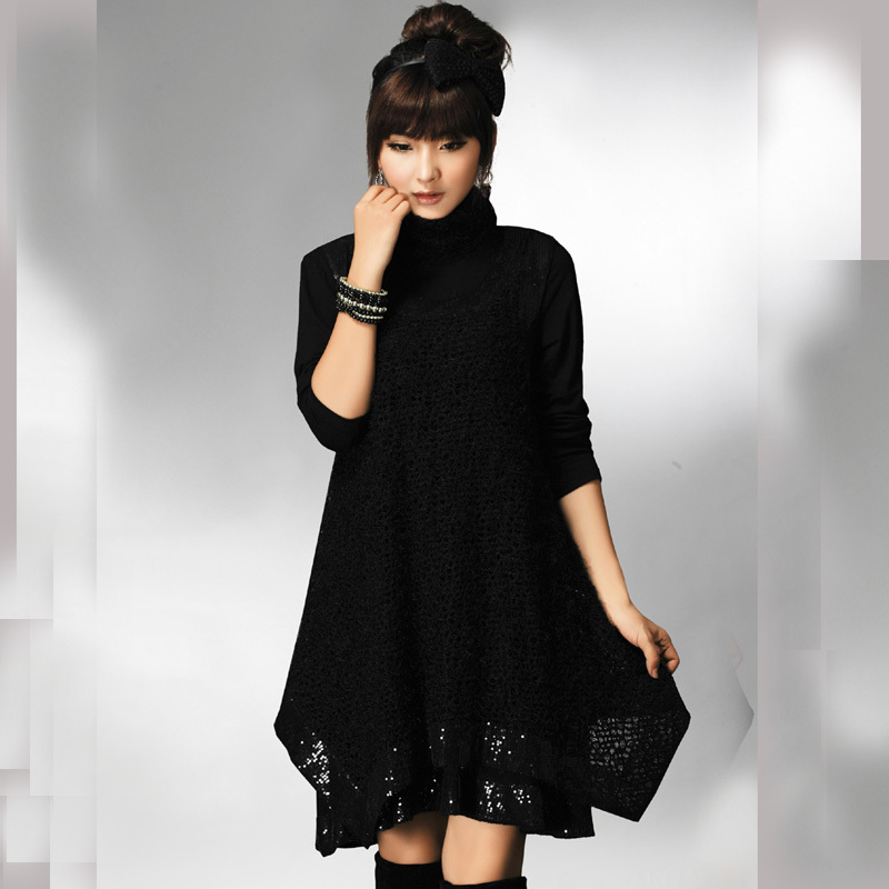 Free postage Oman 2012 autumn and winter plus size clothing mm long-sleeve knitted turtleneck black elegant one-piece dress 8079