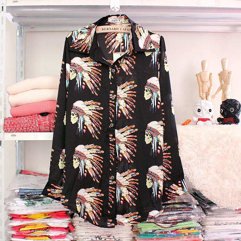 free pping 2012 black shirt female casual head portrait chiffon long-sleeve autumn basic shirt