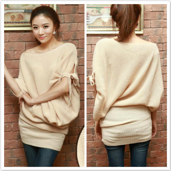 Free S&P Khaki and Beige Fashion High Quality Women Batwing O-Neck Ruched Half Lantern Sleeve Hip Long Pullover Sweater Dress