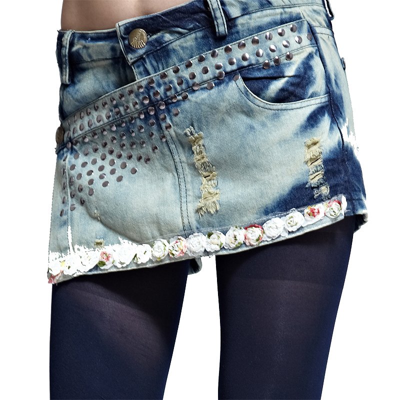 Free services 2012 slim hip denim skirt pants fashion all-match skorts flower hole
