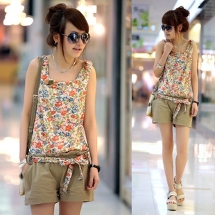 Free services Women's 2012 summer belt floral print vest jumpsuit shorts