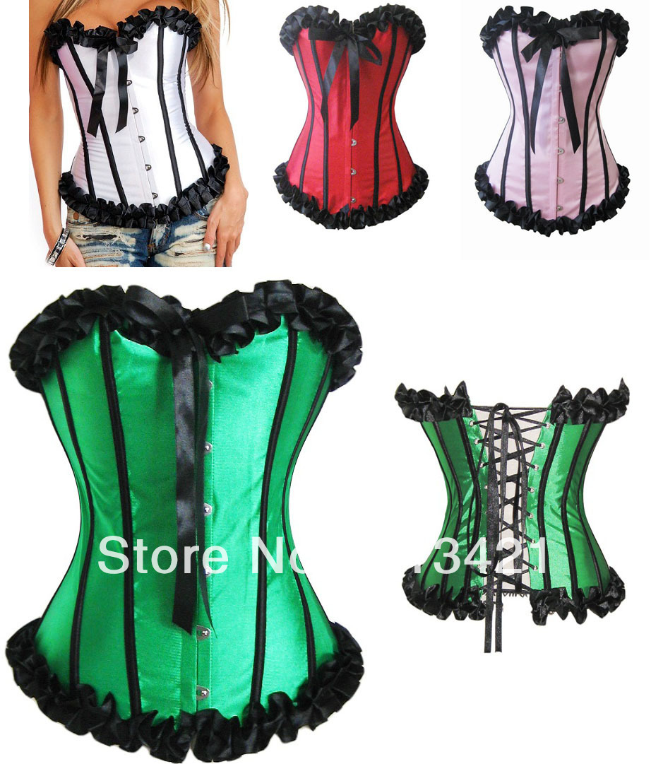 Free Sexy Corset Women Bone Lace Bustier Corset+G string Set Lingerie,Push Up Bodysuit, Overbust Bowknots Costumes XXL