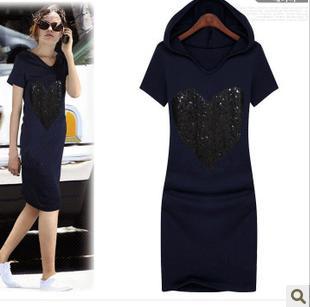 free shi[ping ,Women Fashion Plus Size Clothing/Slim Casual Sequined Hooded One-piece Shirt Dress/XL/XXL/XXXLB984