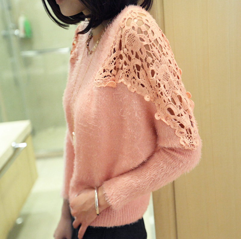 Free shiiping women V-neck pullover sweater loose batwing sleeve lace cutout slim sweater outerwear