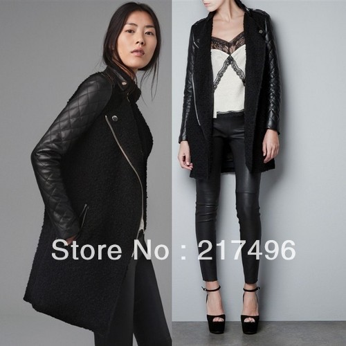 free shiipping Europe Stylish New Womens Faux Leather Splice Standup Collar Trench Coat Parka black color 3SIZES M L