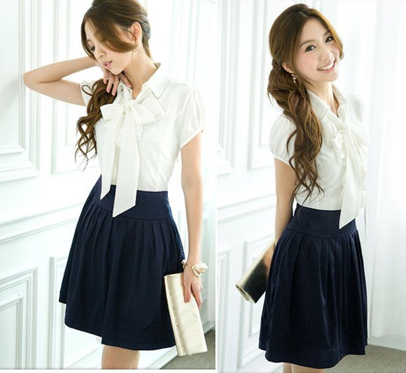 Free Ship 2012 New Japan Korean Lady Womens Fashion Elegant OL Career Business Mini Dress Skirts Casual Bowknot Charming Dress