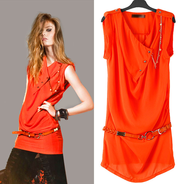 Free ship 2012  pearl chain leather cord slim waist long design chiffon one-piece dress 2