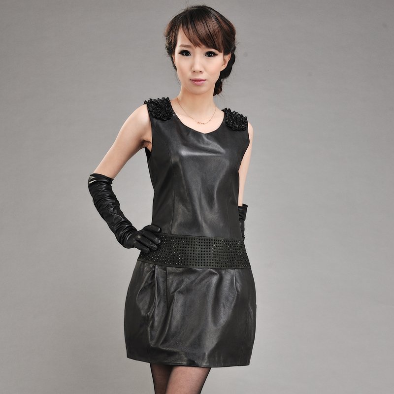 free ship 2012 spring one-piece dress gentlewomen genuine leather skirt tank dress chiffon skirt full dress