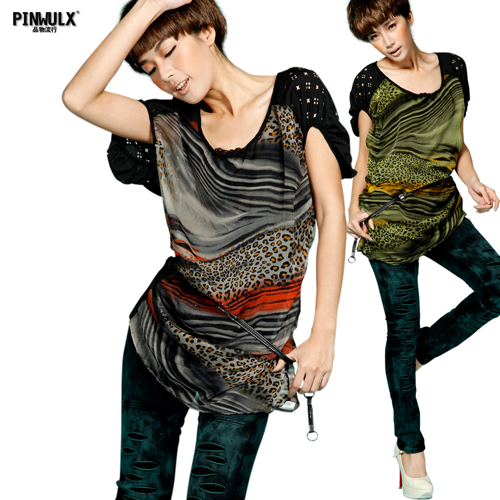 free ship 2012 summer women's fashion leopard print patchwork cutout raglan sleeve loose chiffon top