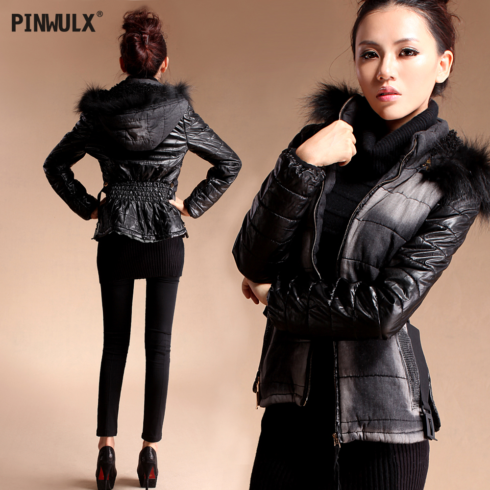 free ship 2012 women's slim PU water wash leather jacket fur collar short design thickening wadded jacket outerwear