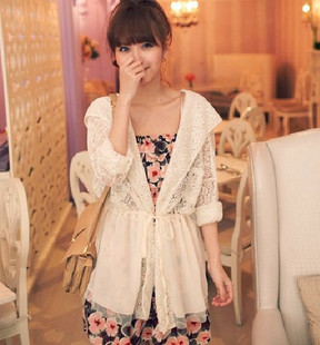 free ship 2013 spring with a hood lace chiffon gauze lace long-sleeve cape coat female spring and autumn new arrived