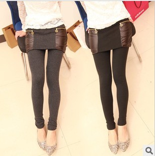 free ship 2013 spring women's fashion patchwork leather faux two piece thickening legging+skirt,color black/gray