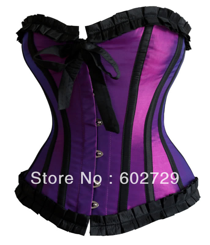 Free ship 3colour purple/red/black Burlesque Satin Ribbon Lace up Boned Corset Bustier Bodyshaper TOP S-2XL