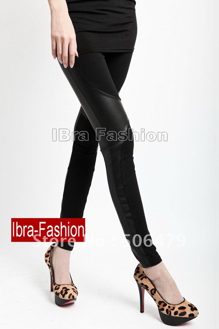 Free Ship astes Sexy Black Cotton&Faux leather joint Woman's Punk tight Pants vintage Leggings Trousers Pockets on back Clubing