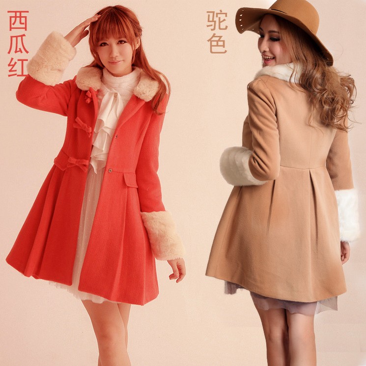 Free ship Autumn and winter sweet slim women coats thicken fur collar ladies overcoat medium-long woolen trench 2 COLOR CZM4194