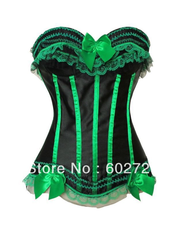 Free ship Black with green strap satin lace up corset bustier showgirl lingerie dropship S-2XL