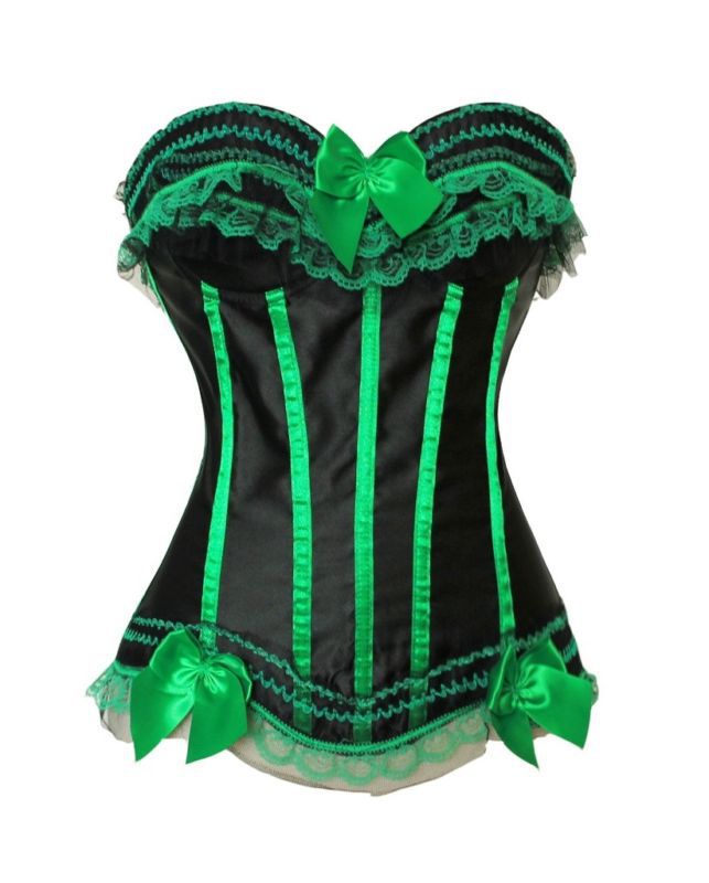 Free ship Black with green strap satin lace up corset bustier showgirl lingerie dropship S-2XL