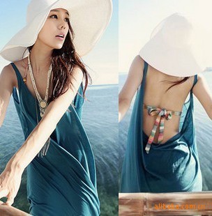 Free Ship Cotton spaghetti strap full one-piece dress plus size beach dress bohemia
