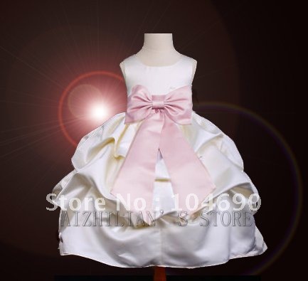 free ship,custom,fancy bow,wedding ,Pageant Party, ball grown flower girls dress ,stain,white