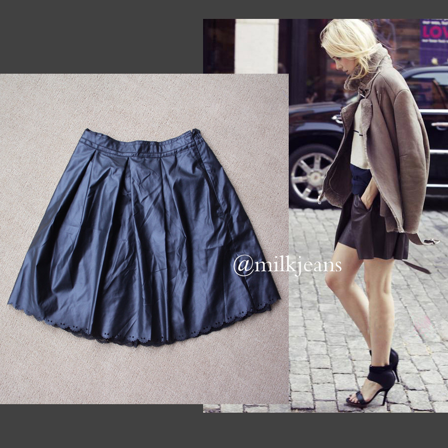 free ship Faux leather soft drinks pleated skirt
