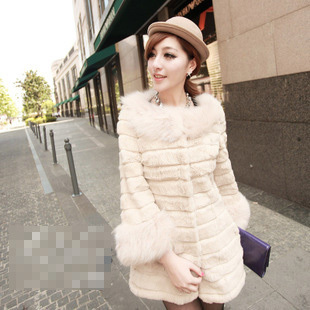 Free ship Hot-selling fox fur patchwork rabbit fur stripe medium-long coat,2012 New warm designer quality ladies rabbit fur coat