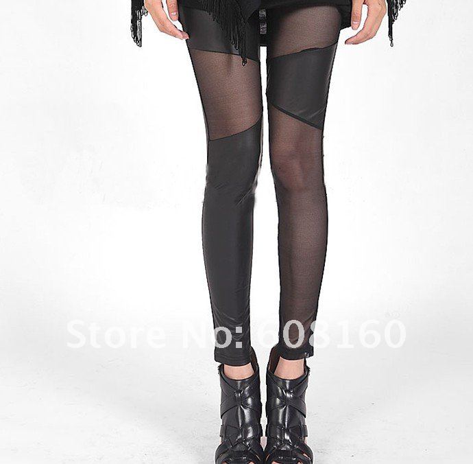 Free ship imitation leather women's leggings slim fit elastic match legging sexy sheer fashion pants