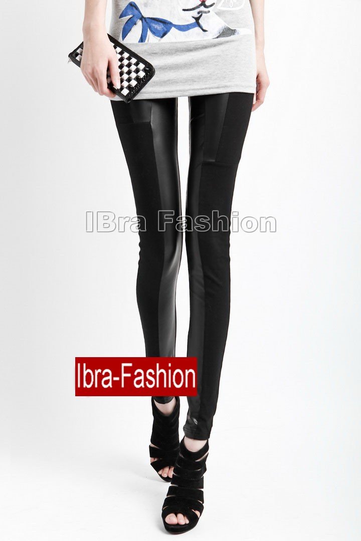 Free Ship Lastest Sexy half Shiny faux Leather & cotton Woman's Punk tights Pants Leggings Trousers Clubing wholesale/dropship