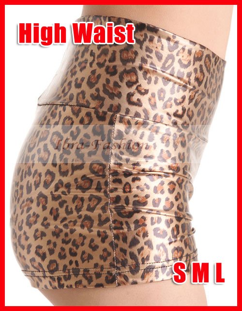 Free Ship Leopard Faux Leather Look Shiny High-Waist shorts Leggings tights pants S,M,L wholesale