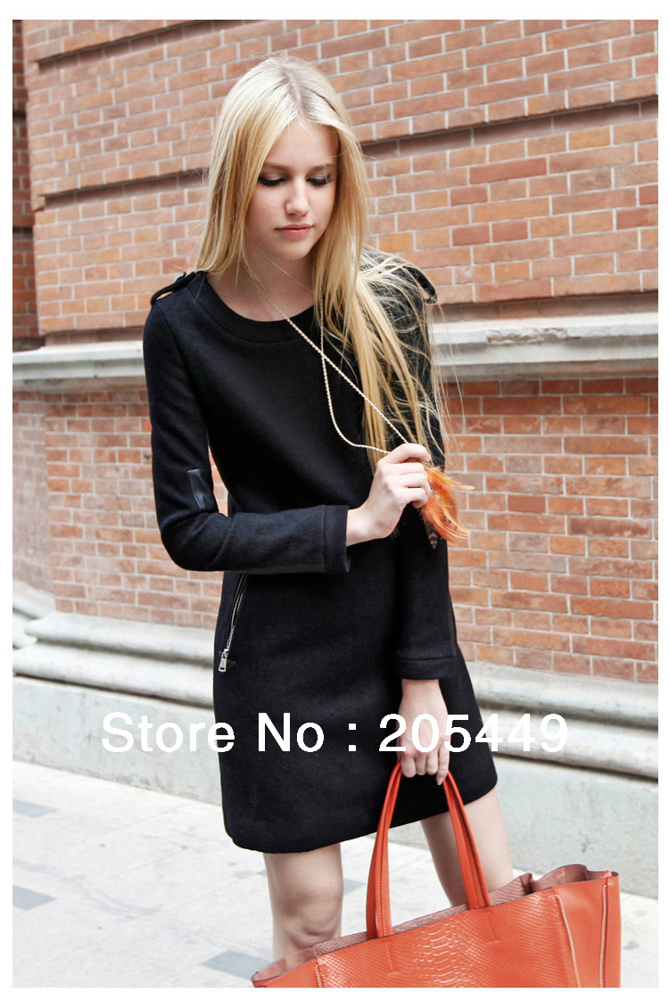 Free Ship!!! New 2013 Celebrity Skeleton Style Faux Leather Sleeve Epaulet Wool Blend Dress Ziper Pockets Hot Sale US size S/M/L