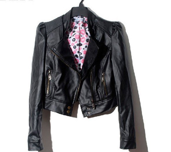 Free Ship PU Leather Zipper Turn-down Collar Women's Short Jackets Slim Fit Ladies Outerwear M,L