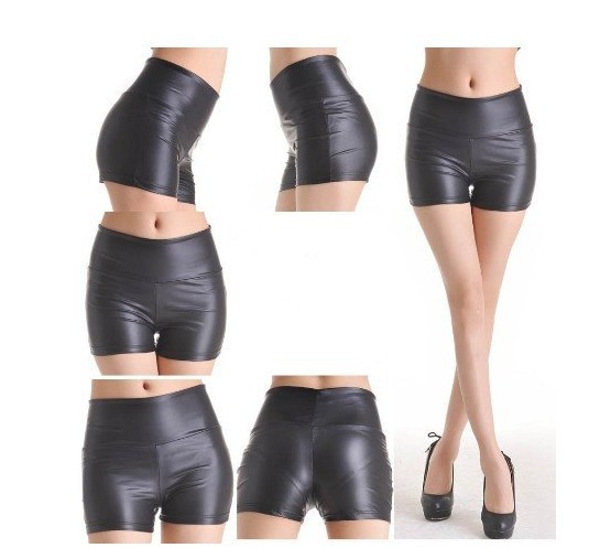 FREE SHIP SED-064 Shiny Metallic High Waist Black Stretchy Leather Look Skinny Short Pants Wholesale