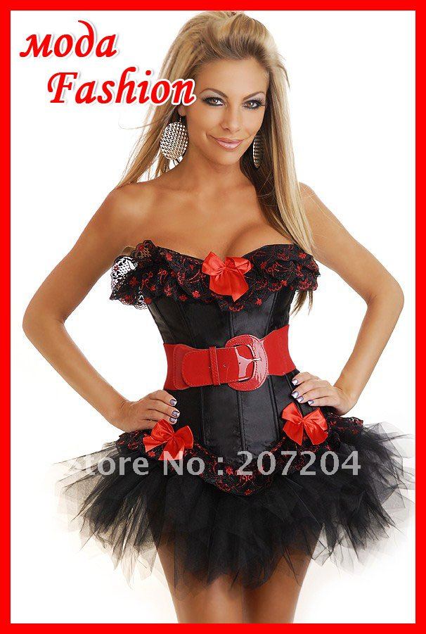Free ship Sexy Black lace lady corset lingeries Party costume Corsets bustier push up + tutu skirts Not include Belt  HOT