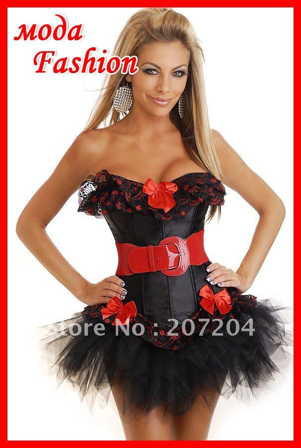Free ship Sexy Black lace lady corset lingeries Party costume Corsets bustier push up + tutu skirts Not include Belt HOT