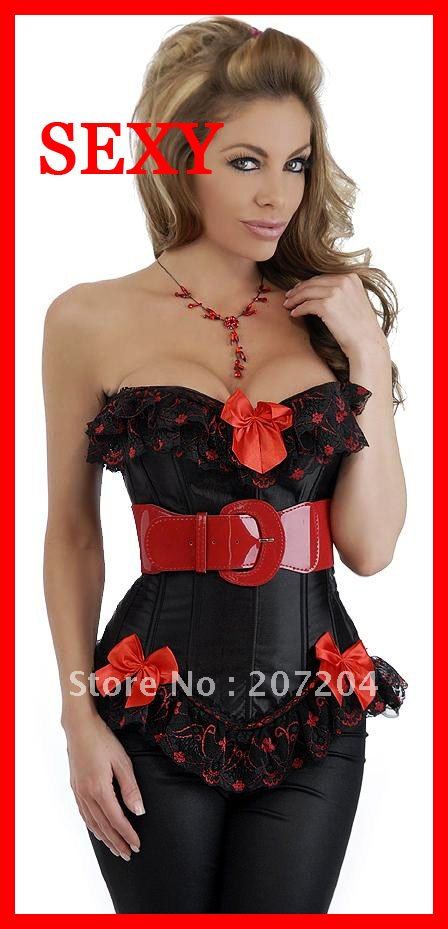 Free ship Sexy Fashion Black lace lady corset lingeries Party costume Corsets bustier push up + G-string Wholesale HOT