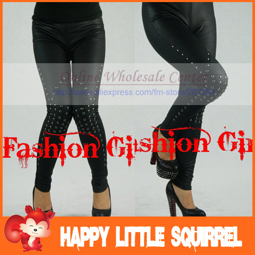 Free ship Sexy fashion black Punk Slim Tights Pantyhose personality metal rivets Faux Leather  ladies'  Leggings clubwear  HOT