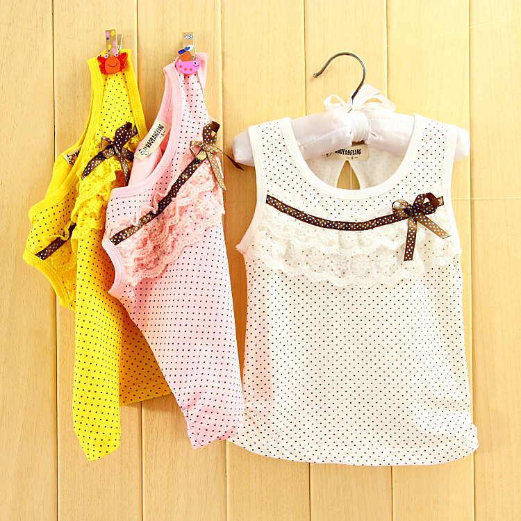 free ship Summer baby girl child lace ribbon bow dot multi-color T-shirt sleeveless vest top 1 - 4