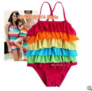 free ship, Wholesale girl bathing suit Girl's Kids Bikini Child Swimsuit Rainbow cake layer Children conjoined twin swimsuit