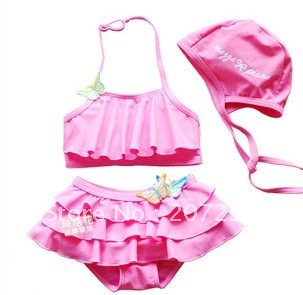 free ship Wholesale - kids children girl swimwear swimsuits Butterfly  two Piece  with the cap child bikini (7SETS/lot)
