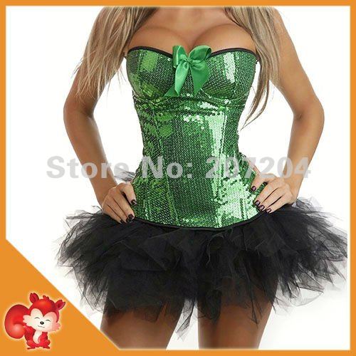 FREE SHIP Wholesale Sexy Corsets Green Shiny Moulin Rouge costume burlesque Sequin Zipper Corsets Dress tutu skirt S-XL push up