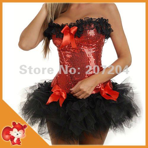 FREE SHIP Wholesale Sexy Red lingerie Moulin Rouge burlesque costume Sequin Zipper Corsets Dress tutu skirt Overbust Hot push up