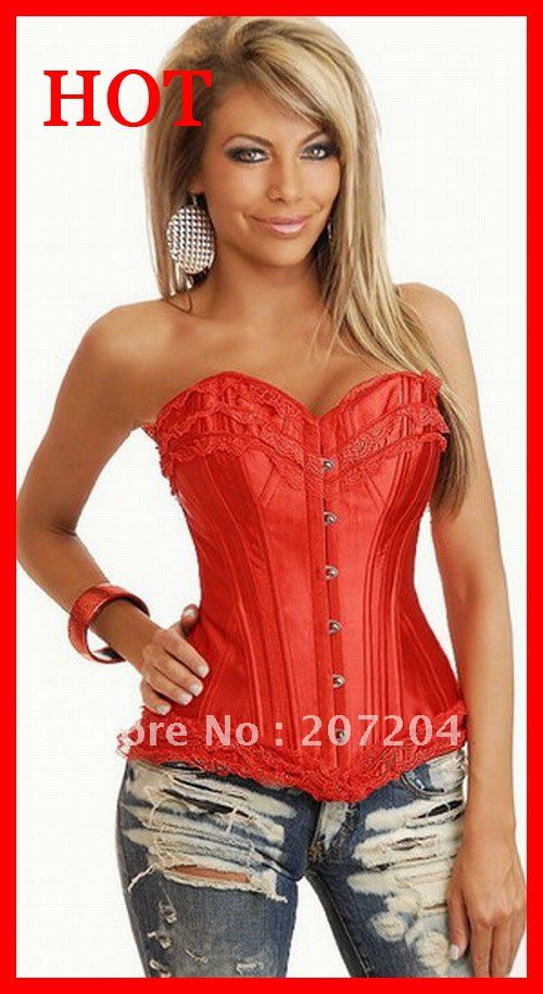 Free ship Wholesale Sexy women Red lace corset lingeries Overbust burlesque costume Corsets push up S-XL