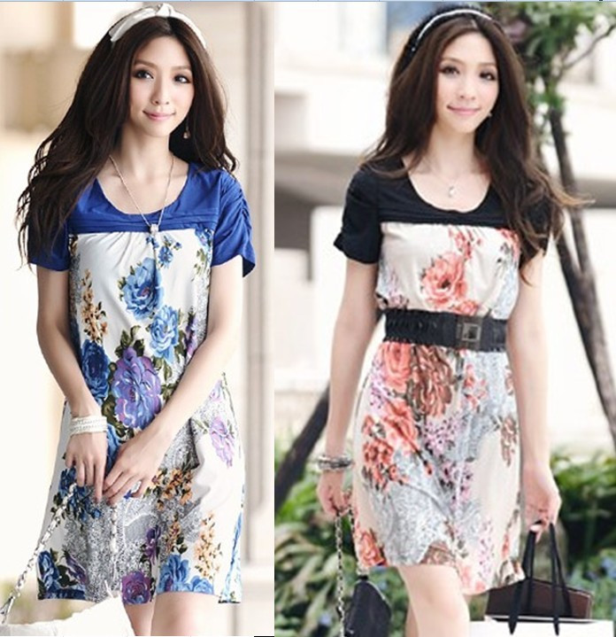 *Free ship,Women/lady romantic princess sleeve flowers skirt color block dress