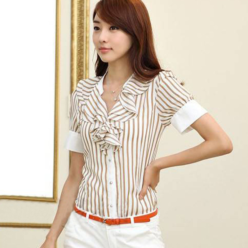 Free ship ,women/lady  summer  chiffon blouse work wear vertical stripe ruffle short-sleeve shirt