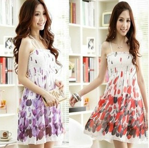 *Free ship,Women/lady summer rose chiffon skirt spaghetti strap dress