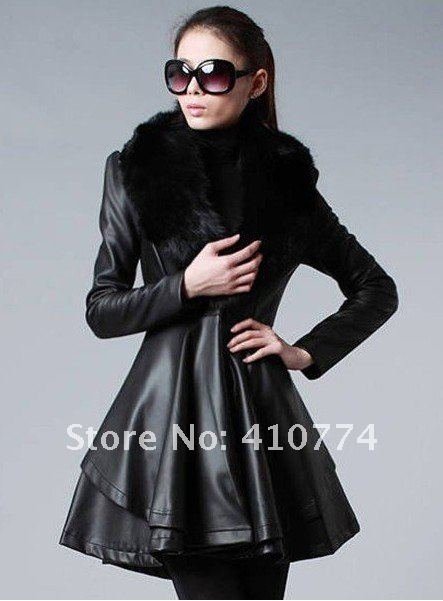 Free ship Women Winter New real fox fur collar coat Genuine Lamb Leather Elegant Skirt style Puff Windbreaker long sleeve dress