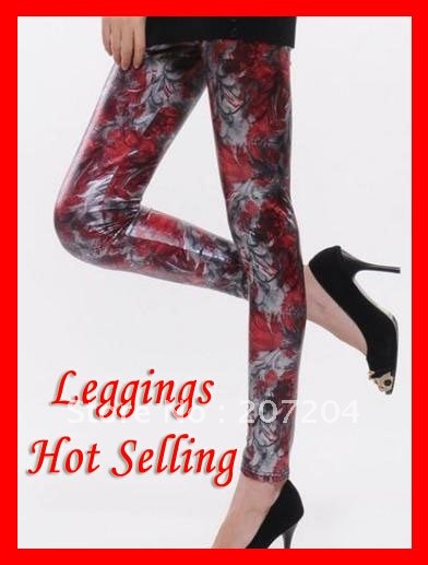 Free Ship womens Punk faux leather red&silver clubing skinny leggings pants safety pants female