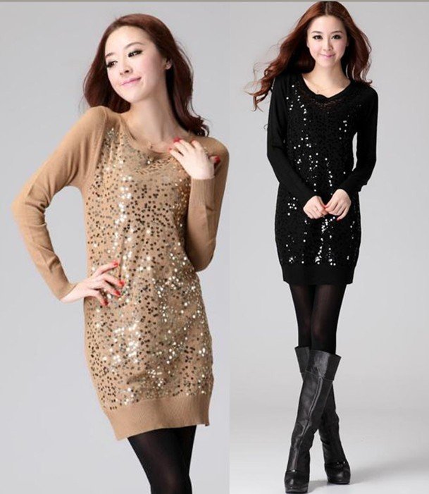 Free Shiping,2012 Autum Fashion Wool Slim Paillette Long Style Knitted Sweater,black/khaki T223