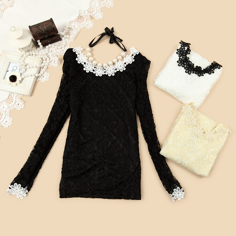 Free Shiping 2012 Autumn New Arrival Women long-sleeve Slim Fit Tops Elegant Lace Collar Basic Shirt Ladies' Blouses